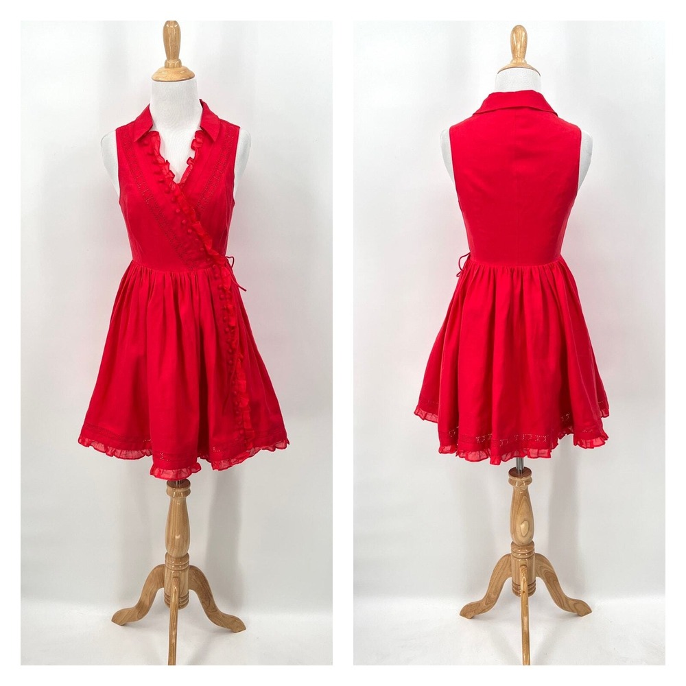 JOSLIN Amella Linen Mini Wrap 0 Red Ruffle Eyelet Sleeveless Collared V Neck